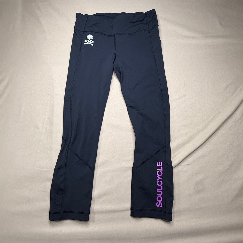 Lululemon SoulCycle Skull Logo Crop Leggings Black Purple Size 6 Pocket 21 Insm